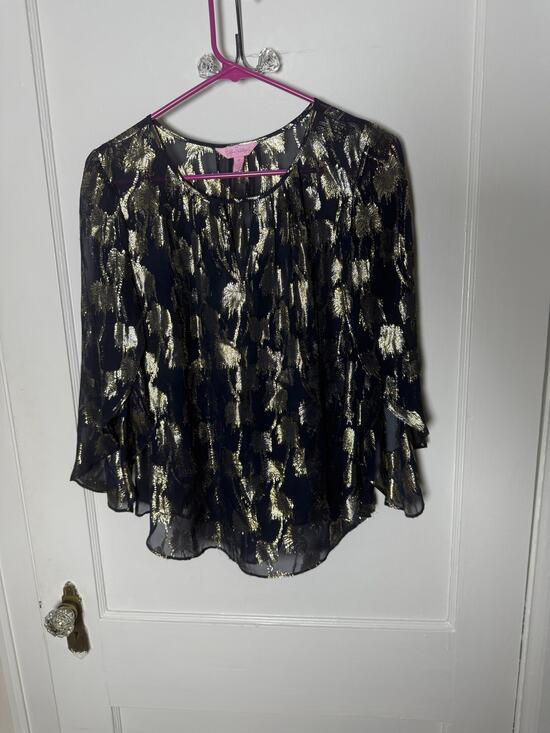 Lilly Pulitzer Tops - Lilly Pulitzer Beccer Silk Clip Top Navy Blue Gold Blouse Top Women's XS